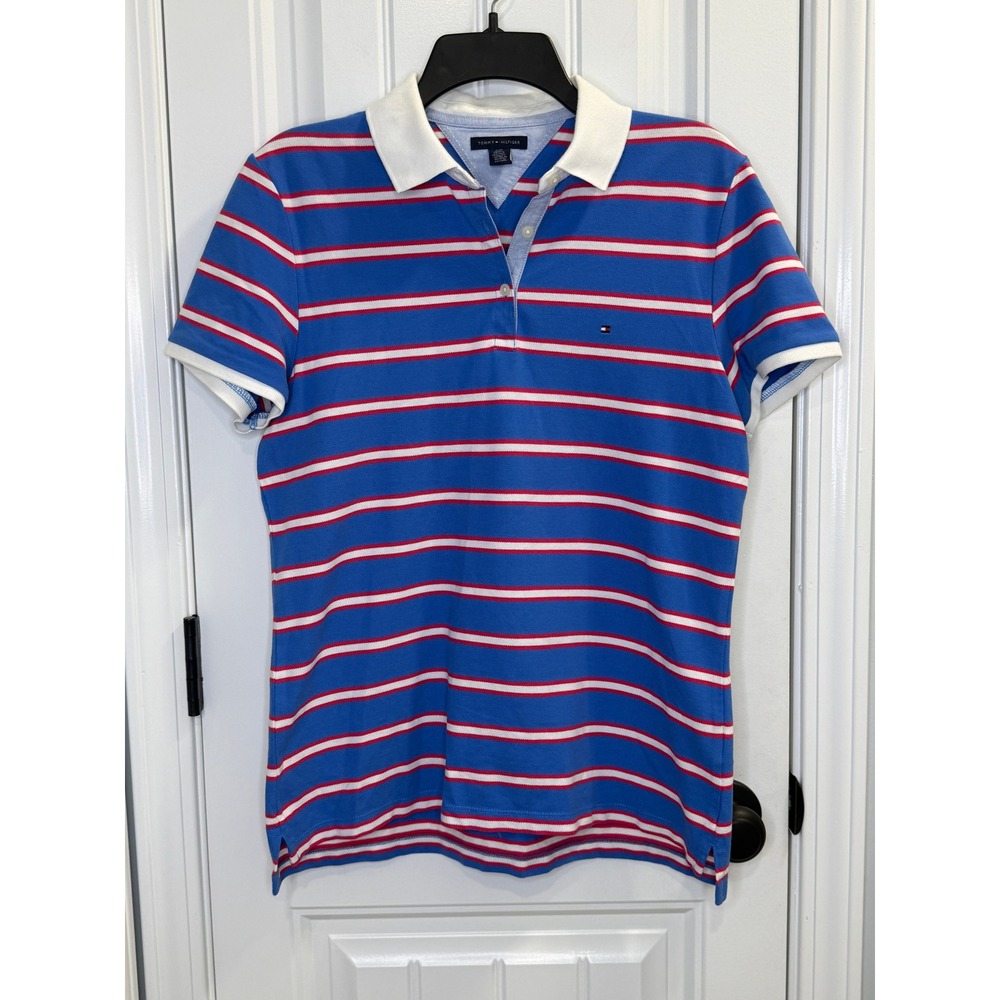 Tommy Hilfiger Large Blue Striped Polo Shirt Blokecore Preppy Sporty Top